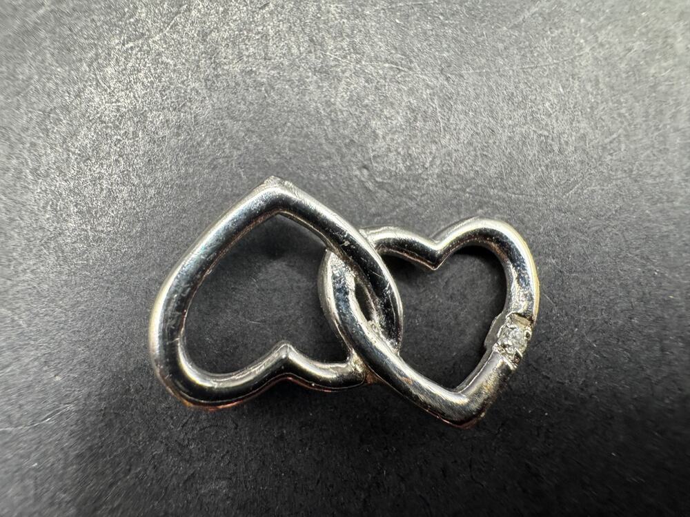 Vtg Sterling Silver 925 Double Interlocking Heart Diamond Pendant 2 4.2mm